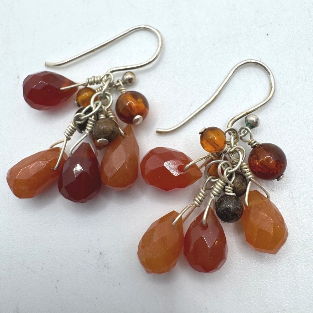Carnelian Amber Cluster Drop Earrings Orange Red Gemstone Dangle Silver Tone